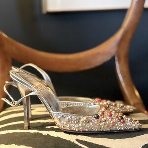 Rene Caovilla 38.5 slingbqck pumps beaded crystal